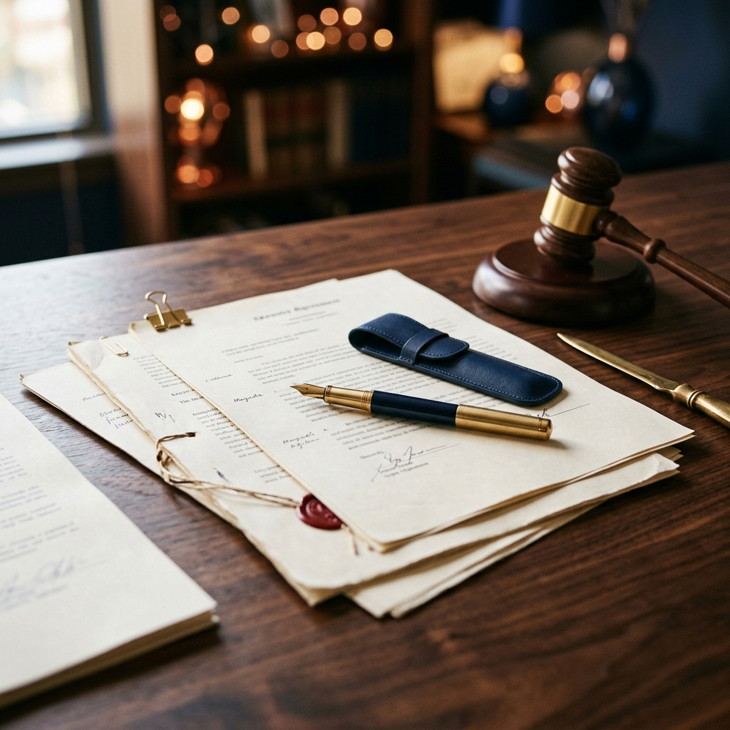 Documentos e caneta sobre mesa de escritório